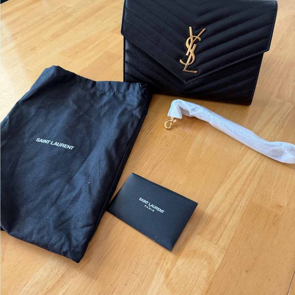 Saint Laurent Black Chevron Bag with Gold Accent